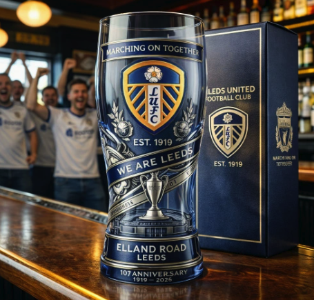 LUFC Leeds United Association Football Club 107th 1919-2026 Anniversary 16oz Embossed Beer Mug Glass
